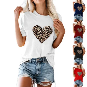 2021 m. pavasarį, vasarą, karšto pardavimo atsitiktinis leopard meilės spausdinimo raundo kaklo trumpomis rankovėmis laisvas megztinis moterų top marškinėliai