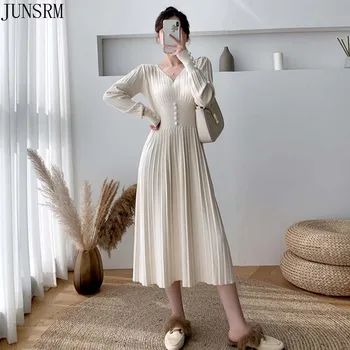 2021 Prancūzijos Elegantiškas V Kaklo Mezgimo Suknelė Vientisas Megztinis Sukneles Korėjos Prašmatnus Ilgomis Rankovėmis Plisuotos Megzti Suknelę Office Ponios