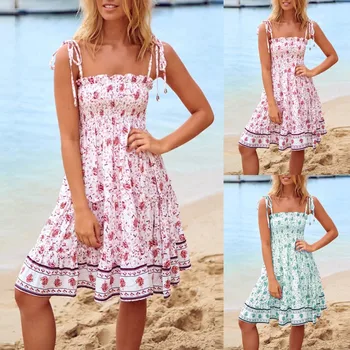 4# JAYCOSIN Mados Nauja Suknelė Moterų Berankovis Vamzdis Viršuje, Rišti Virvutę Gėlių Spausdinti Mini Ponios Suknelė Summer Beach Party Sundress