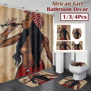 4pcs Afrikos Mergaičių Vandeniui Vonios kambarys Dušo Užuolaidų Komplektas neslystantis Vonios Kilimėlis, Kilimėliai 3D spausdinimo Tualetas Poliesteris Padengti Kilimėlis Rinkinys