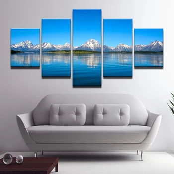 5 Kolektorių Mėlynas Dangus Ežeras ir Sniego Kalnų Drobė Spausdina Gyvenimo Kambario Sienos paveiksl Dovana, Namų Puošybai