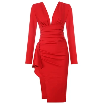 Ailigou 2020 Naujas Vasaros Raudona Long Sleeve Dress Lady Stora Seksualus Giliai V-Kaklo Tabaluoti Įžymybė Šalis Šalis Suknelė Vestidos