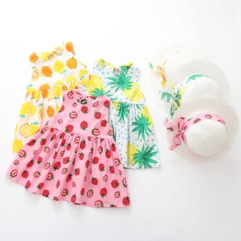 Ananasų baby girl dress 2019 m. vasaros vaisių spausdinti su skrybėlę princesė bamblys mergina suknelės vaikams laisvalaikio rankovių suknelės gimtadienis