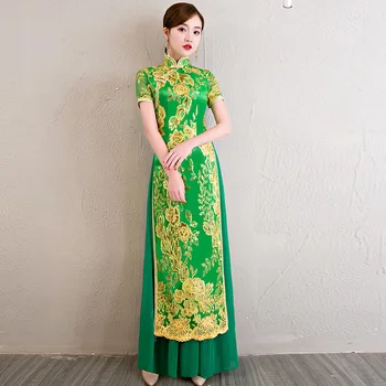 Aodai Cheongsam Vietnamas Suknelė Tradicinės Kinų Drabužius Moteriai, Išsiuvinėti Geltonos Suknelės Vakare Ilgai Nėrinių Qipao