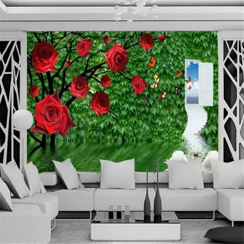 Asmenybės Individualizuotos fono Paveikslėliai 3D Stereoskopinis Rose Nuotraukų Sienų Freskomis Žalia Lapų Tapetai, Sienų Dokumentus Kambarį Namų Dekoro