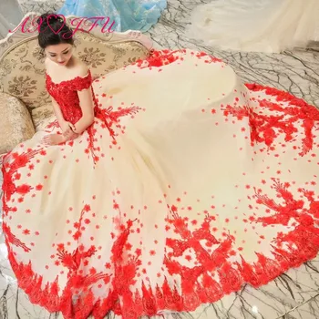 AXJFU prabanga princesė duobute kristalų raudona gėlė, balta nėrinių vestuvių suknelė vintage rankų darbo valtis kaklo raudona rožė vestuvių suknelė 613