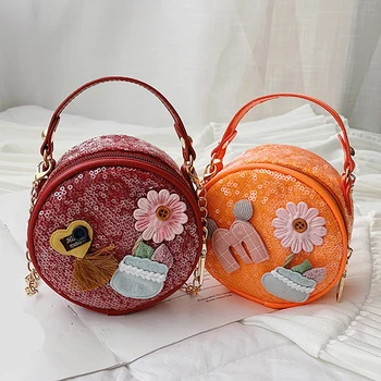 Crossbody Maišelį Mergaitėms Mados PU Blizgančiais Gėlės Krepšys Maži, Apvalūs Paketo Moterų Pečių Krepšiai