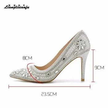 Crossdresser Pearl diamond batai, prekės ženklo moteris 9cm ploni aukšti kulniukai vestuvių siurbliai pažymėjo tne ponios Nuotakos Slip-on adatos (Stiletai)
