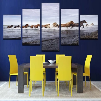 Drobė Sienos Menas Nuotraukas Kambarį 5 vnt Arkliai Veikia Iki Jūros, Paveikslai, Namų Dekoro HD Spaudinių Gyvūnų Plakatai Sistema