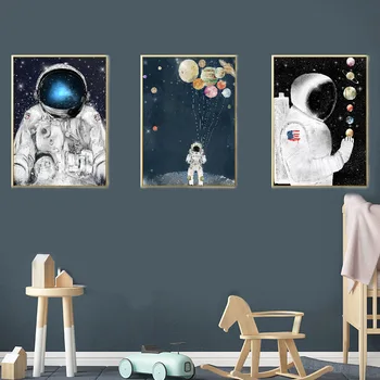 Drobės Tapybos Sienos Meno Mielas Animacinių filmų Kosmosą Astronautas Plakatai ir Atspausdinti Nuotrauką, Namo Apdaila, Vaikų Kambario, Miegamojo, Dekoratyvinis