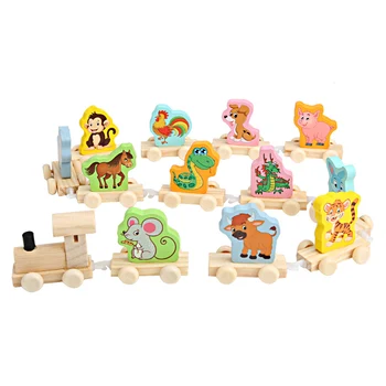 Dvylika Zodiako Traukinių Mediniai Žaislai Vaikams Montessori Mokymo priemones Švietimo Žaislas Traukinio Modelis Gyvūnų