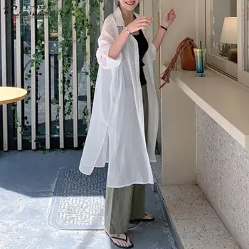 Elegantiškas, Kietas Saulės susagstomi megztiniai Moterų Padalinta Palaidinės 2021 ZANZEA Atsitiktinis Atvartas Mygtuką Ilgai Blusas Moterų Vasaros Kimono Marškinėliai