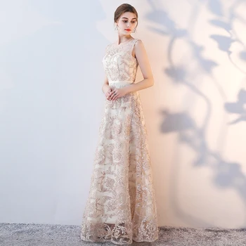 Elegantiškas Nėrinių Siuvinėjimo vakarinę Suknelę 2021 Šampano Linijos, Grindų ilgis Vien Kaklo Promenadzie Suknelė Šalis Oficialų Suknelė