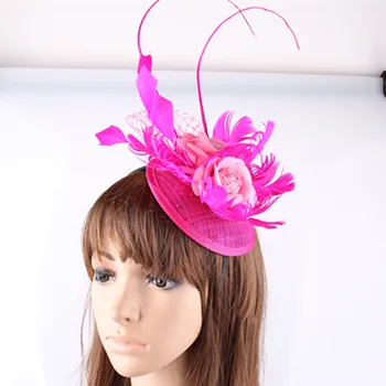 Elegantiškas Sinamay Fascinators su Stručio Polių Plunksnų Gėlių, Vestuvių Plaukų Aksesuarai, Vestuviniai Skrybėlės Hot Pink Šalis galvos Apdangalai OF1541