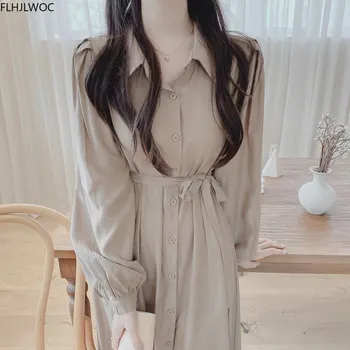 Elegantiškos Marškinėliai Suknelė Korėjos Japonija Stiliaus Dizainas Ilgomis Rankovėmis Viena Breasted Mygtuką Mielas Kieta Moteris Fenimine Elegantiškas Ilgas Sukneles