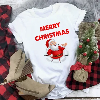 FIXSYS Kawaii Harajuku Elnių ir Kalėdų Senelis Spausdinti Marškinėliai Moterims Mados Linksmų Kalėdų Marškinėliai Moterų trumpomis Rankovėmis T-shirt