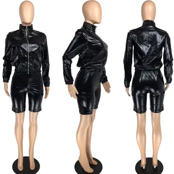 FNOCE 2020 m. žiemos moterų dirbtiniais odos rinkiniai mados seksualus high street kietas ilgomis rankovėmis Golfo užtrauktukas tight šortai 2-pc suit