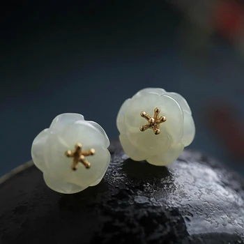 Gamtos Hotan Baiyushan Camellia Auskarai Kinijos retro stiliaus dizainerio originalas amatų mažas išskirtinį pasakų priedai