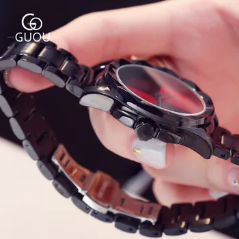 GUOU Prekės Ponios Kūrybos Moterų Laikrodžiai Juodos Plieno Juosta Kvarciniai Laikrodžiai Moterims Suknelė Laikrodis Mados Žiūrėti Siųsti Montre Femme