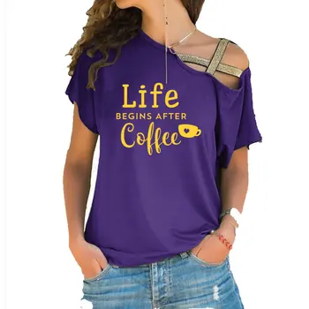 Gyvenimas Prasideda Nuo Kavos Moterų marškinėlius Medvilnės Atsitiktinis Juokingi marškinėliai Vasarą Moterys Nereguliarus Nerijos Kryžiaus Tvarstis Tee Viršūnės