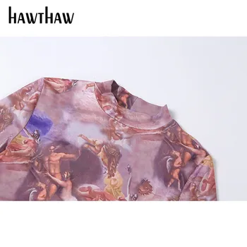 Hawthaw Moterų Mados Rudens Ilgomis Rankovėmis Tapyba Spausdinti Plonas O Neck T Shirt Trišakiai Trumpi Viršūnes 2020 M. Rudenį Drabužių Streetwear