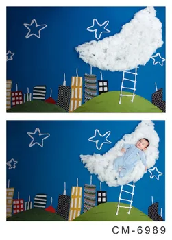 Horizontalus vinilo audiniu dangus mėlynas animacinių filmų miesto mėnulis žvaigždė fotografijos backdrops kūdikių naujagimių foto studija, portreto fonas
