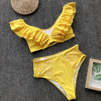 IASKY 2019 Bikini seksualių moterų tinklinio pynimas maudymosi Kostiumėliai, Moterų maudymosi kostiumėlį Dviejų vienetų Bikini komplektas aukšto juosmens Maudymosi Kostiumas