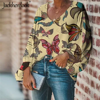 Jackherelook Plius Dydžio Palaidinė Moterų Rausvos Gėlės Drugelis Prekės Dizaineris V-Kaklo Viršūnes Marškinėliai Šifono Blusas Mujer 2020 m.