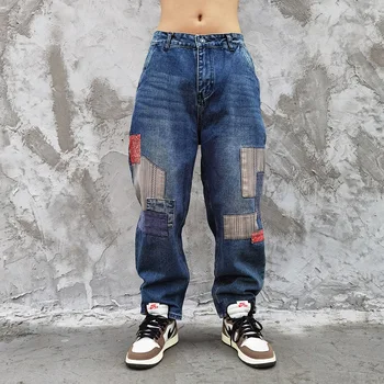 Japonija Harajuku Vyrų Prarasti Tiesiai Pločio Kojų Džinsai, Kelnės Vyrams Streetwear Hip-Hop Pleistras Sudurti Atsitiktinis Džinsinio Audinio Kelnės