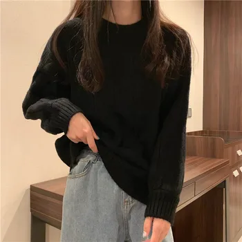 Japonijos Retro Stiliaus, Juodos spalvos Megztinis Moterų Žiemos 2020 M. Rudens Ir Žiemos Naujas Tingus Vėjas Prarasti Balta Striukė