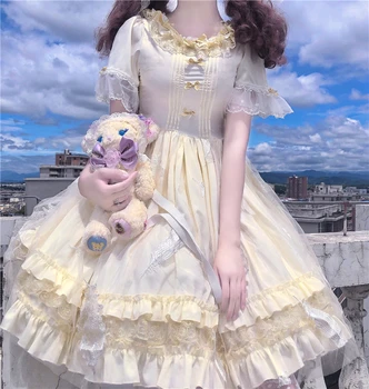 Japonijos saldus Lolita dress Cos Loli nėrinių apvalios kaklo aukštos juosmens kawaii girl arbatėlė princesė suknelė Lolita