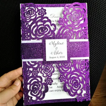 Karšto parduoti blizgučiai popieriaus pjovimas lazeriu rose dizaino vestuvinis kvietimas kortelės su juosta ir atspausdintas vidinis popieriaus