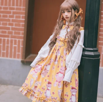Kawaii girl op loli cos Saldus lolita suknelė retro falbala stovėti bowknot mielas spausdinimo aukšto juosmens netikrą dviejų dalių viktorijos suknelė