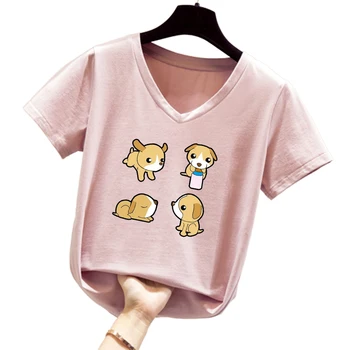 Kawaii Vasarą Moterys Kpop T-shirt Šuo Spausdinti Mielas Marškinėliai Trumpas Estetinės Rankovės Prarasti Medvilnės, T-marškinėliai, Unisex Tees Minkštas