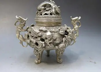 Kinija sidabro rankų darbas gražus, išraižytas censer devynių drakonų smilkalų degiklis Statula