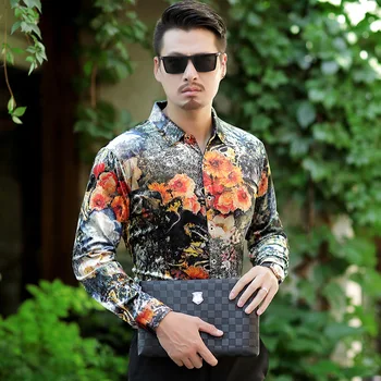 Kinų stiliaus 3D ryškių gėlių modelio spausdinimo mados ilgomis rankovėmis marškinėliai, Rudenį 2018 aukštos kokybės aukso aksomo vyrų marškinėliai, M-XXXL
