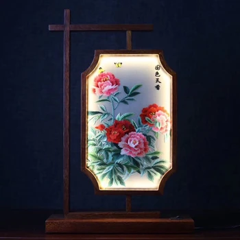 Kinų stiliaus Lovos Pusėje Stalo Lempa su Nakties Šviesos Stalo Dekoravimas Ornamentais Bauda Vertus, Siuvinėjimo, Šilko Modelius Medienos Bedlamp