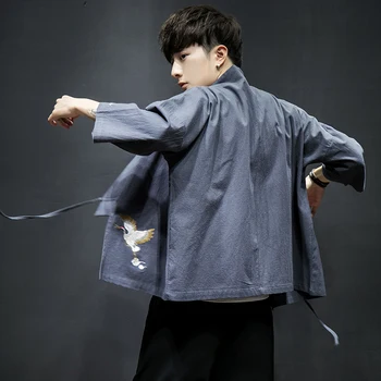 Kinų stiliaus siuvinėjimų Kimono Švarkas Vyrams Medvilnės Skalbiniai Prarasti Vyriškos Striukės Trys Ketvirtį Rankovės Atidaryti Dygsnio Atsitiktinis Kailio Vyras