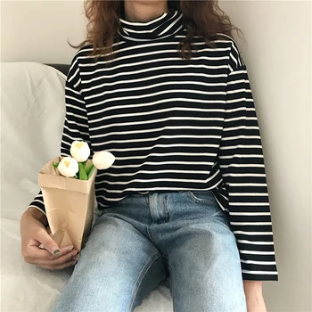 Korėjos Stiliaus ilgomis Rankovėmis Moteriška Pavasarį, Rudenį Versija Puloveriai Sutirštės Aukštos apykaklės Apačioje Marškinėliai Stripe T Shirt Moterims Atsitiktinis