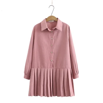 Korėjos Stiliaus Marškinėliai Moterims Suknelės Pavasarį Rožinė Smėlio Chaki Paprasto Spalva Pasukite Žemyn Apykaklės Plisuotos Dizaino Palaidų Montavimo Shirtdress