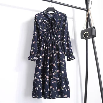 Korėjos Stiliaus Pavasario Long Sleeve Dress Lady Atsitiktinis Vasaros Gėlių Spausdinti Šifono Marškinėliai Suknelė mados Lankas Midi Suknelė Vintage Vestido