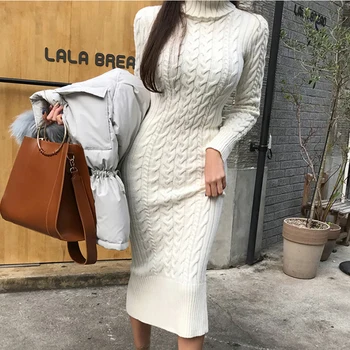 Korėjos Žiemos Moterims Megztiniai (Pieštuku Suknelė 2019 M. Rudenį Rausvos spalvos, ilgomis Rankovėmis Golfo Kelio ilgis Atsitiktinis Balta Elbise Office Suknelės