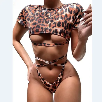 Leopard bikini Moterims trumpomis Rankovėmis Aukštos Sumažinti Ponios Push Up Bikini maudymosi kostiumėlį, maudymosi Kostiumėliai, Paplūdimio maudymosi kostiumą maillot de bain femme