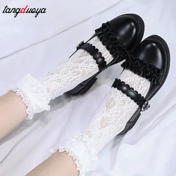 Lolita batai harajuku batai kawaii kulniukai mados asmenybės saldus laivapriekio kaklaraištis cosplay mažo kulno moterų bateliai aukštakulniai juodos spalvos