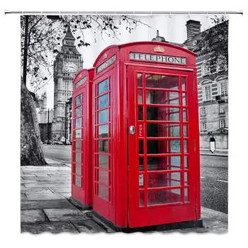 Londono Dušo Užuolaidos Raudonos Telefono Būdelės Derliaus Pilka Stree Scena Senas Retro Romantiškas Miestas, Big Ben Audinio Vonios Užuolaidų Komplektas