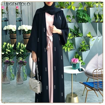 Lugentolo Moteris Ilga Suknelė Mados Musulmonų Vasaros ilgomis Rankovėmis Dubajus Zawalcowany Islamo Elegantiškas Megztinis V-kaklo Lady Maxi Suknelės