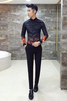 M-4XL2017 Naujas Dainininkas Bigbang Mados asmenybės liepsna spausdinti ilgomis rankovėmis marškinėliai slim kostiumai, plius dydis, vyriški drabužiai, kostiumai