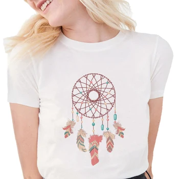 Mados Dream Catcher T marškinėliai Moterims Plunksnų Grafinis Tees Harajuku Atsitiktinis Minkštos Medvilnės Baltas Viršūnes