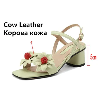 Mados Saldus Gėlių Dekoracija Moterų Sandalai Sagtis Aukšti Kulniukai ponios sheos Elegantiškas karvės odos Šalies Biuro Moteris Batai