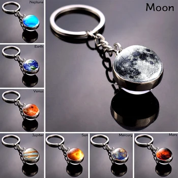 Mados Stiklo Kamuolys Key Chain, Saulės Sistemos Planeta Paketų Prižiūrėtojų Raktinę Kosmoso Keychain Mėnulis, Žemė, Saulė, Marsas, Paveiksl Dvipusės Raktų Žiedas